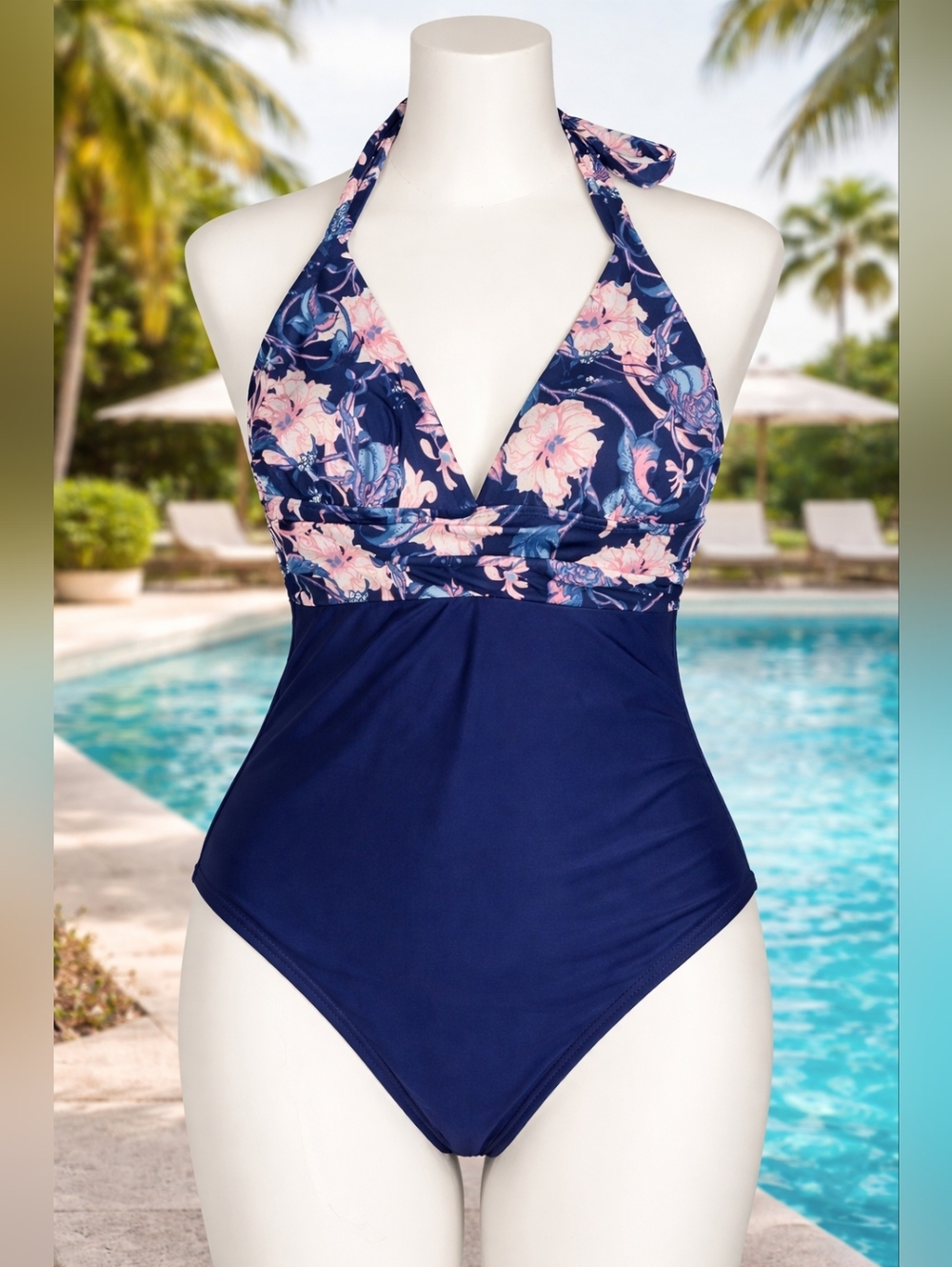 Women’s Size Large Navy Floral One Piece Swimsuit Halter Tummy Control Padded